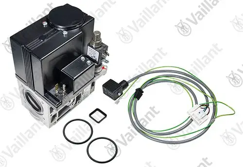Vaillant Gasarmatur mit verschiedenen Anschlüssen und Kabeln, einschließlich O-Ringen und einem Stecker, zum Einbau in Heizsysteme.